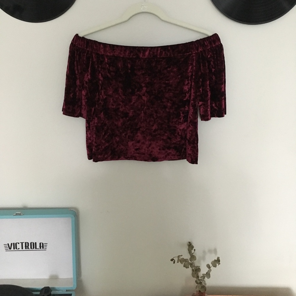 Dark red velvet off shoulder top!  SMALL!